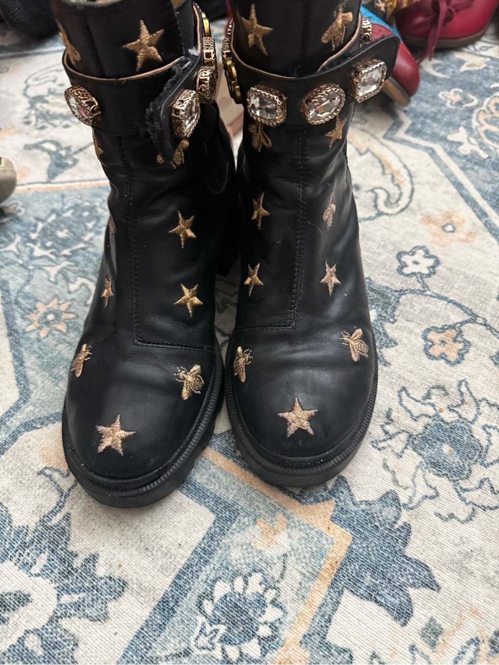 Gucci Black Leather Embroidered Combat Boots with Gold Accents - Picture 3 of 4
